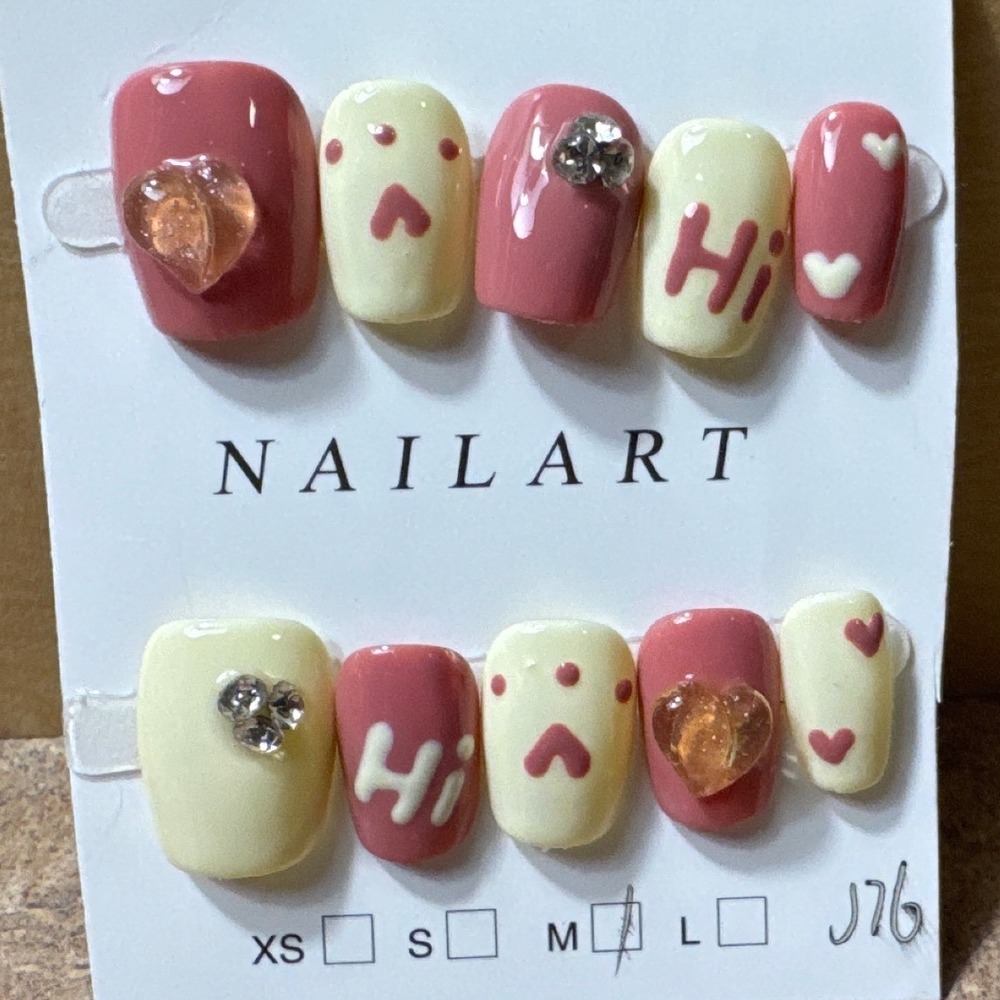 Pink Cream 3D Press On Nails Kawaii Heart Rhinestone Paw Print Size M - Picture 1 of 1